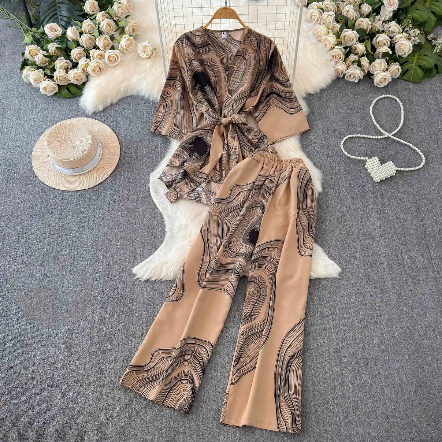 UNIKCOSA Women’s Summer Two-Piece Set – Short Sleeve Top & High-Waist Wide-Leg Pants (Chic Comfort Edition)