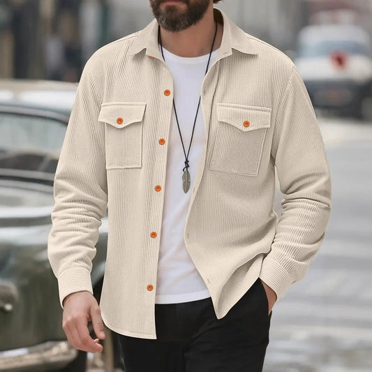 UNIKCOSA Men’s Corduroy Shirt – Long Sleeve Button-Up with Chest Flap Pockets (Casual Workwear Streetwear Edition)