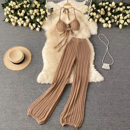 UNIKCOSA Women’s Seaside Set – Bikini Halter Top & Hollow-Knit Wide-Leg Pants (Summer Holiday Edition)