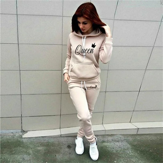 UNIKCOSA’s QUEEN Print Sports Set — Hoodie + Sweatpants 2-Piece Jogging Suit