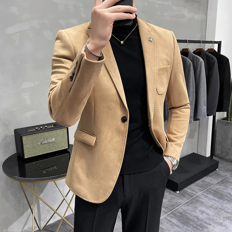 UNIKCOSA Men’s Suede Blazer – Slim Fit One-Button Plain Color Suit Jacket (6 Colors)