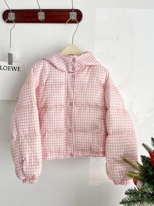 UNIKCOSA’s Lovely Pink & White Plaid Down Coat — Hooded Short Puffer Jacket