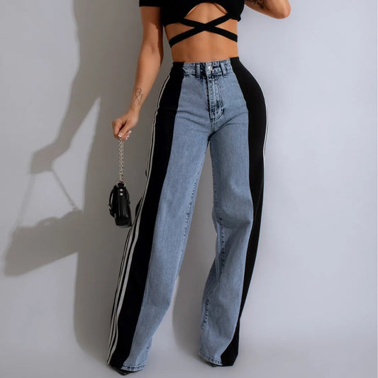 UNIKCOSA Women’s Palazzo Wide-Leg Jeans – High-Waist Retro Loose Fit Denim with Three Stripe Detail (Streetwear Edition)