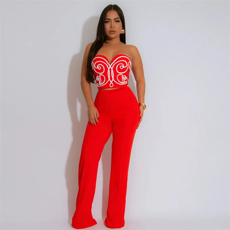 UNIKCOSA’s 2025 Strapless 2-Piece Party Set — 3D Print Crop Top + High-Waist Straight Pants