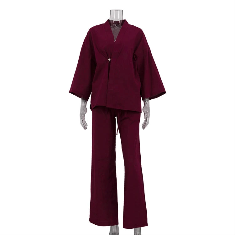UNIKCOSA Women’s Wrap Blouse & Pants Set – Cotton Lace-Up Two-Piece Outfit (Summer/Fall 2025 Edition)