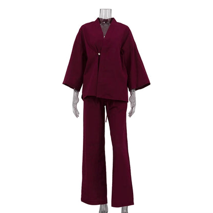 UNIKCOSA Women’s Wrap Blouse & Pants Set – Cotton Lace-Up Two-Piece Outfit (Summer/Fall 2025 Edition)