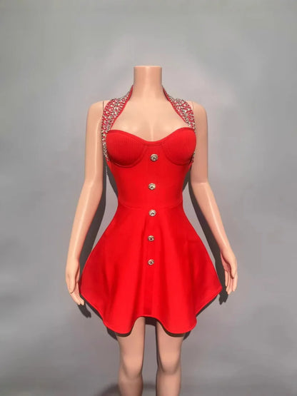 UNIKCOSA’s Red Beaded Halter Bandage Dress — Slim Fit, Backless A-Line Party Elegance