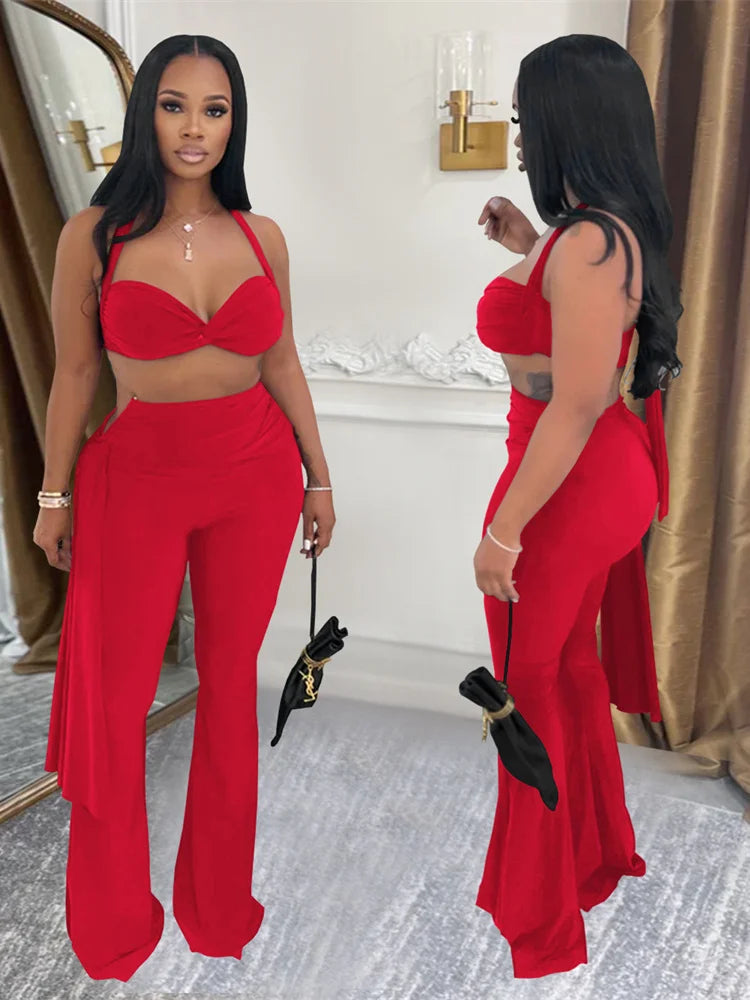 UNIKCOSA™ Chic 2-Piece Halter Set – Backless Knot Camisole & Metal Ribbon Flare Pants | Women’s Sexy Summer Outfit