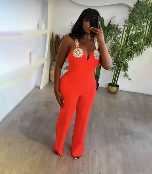 UNIKCOSA’s Strappy Rhinestone Jumpsuit — Red & Black One-Piece Bandage Elegance