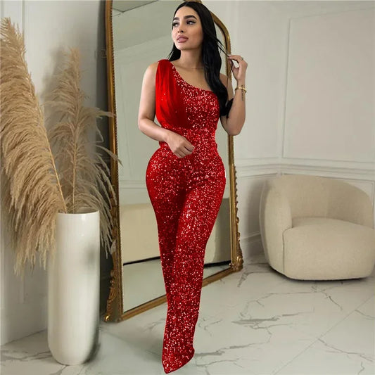 UNIKCOSA’s Glitter One-Shoulder Jumpsuit — Shiny Sequin Straight-Leg Party Romper
