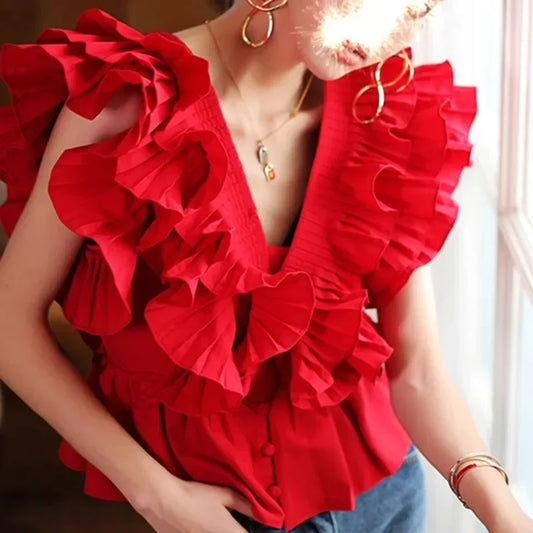 UNIKCOSA’s 2025 Ruffle V-Neck Blouse — Cascading Hem Summer Chic Top