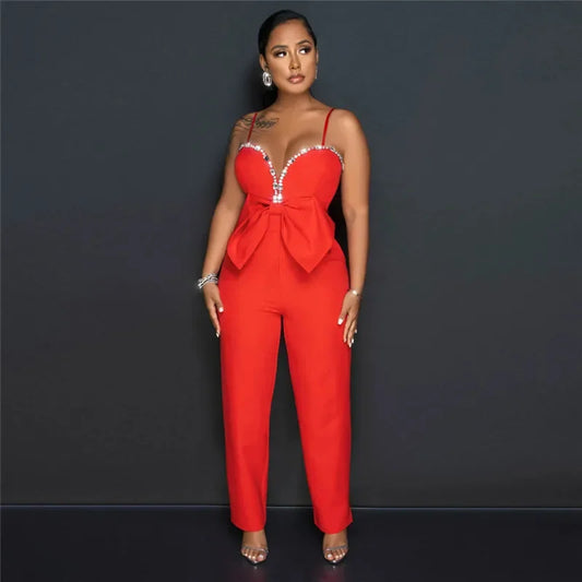 UNIKCOSA’s Glam Rhinestone Bow Jumpsuit — Spaghetti Strap, Deep V-Neck, Straight-Leg Party Elegance