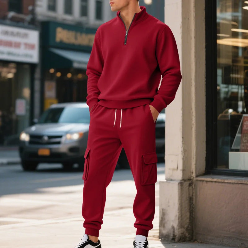 UNIKCOSA Men’s Winter Fleece Tracksuit – Half-Zip Stand Collar Sweatshirt & Cargo Jogger Pants 2-Piece Thermal Set (2025 Edition)