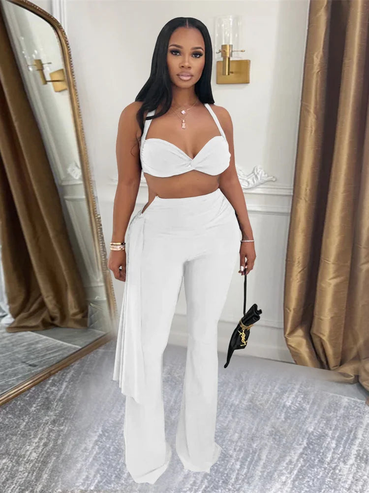 UNIKCOSA™ Chic 2-Piece Halter Set – Backless Knot Camisole & Metal Ribbon Flare Pants | Women’s Sexy Summer Outfit