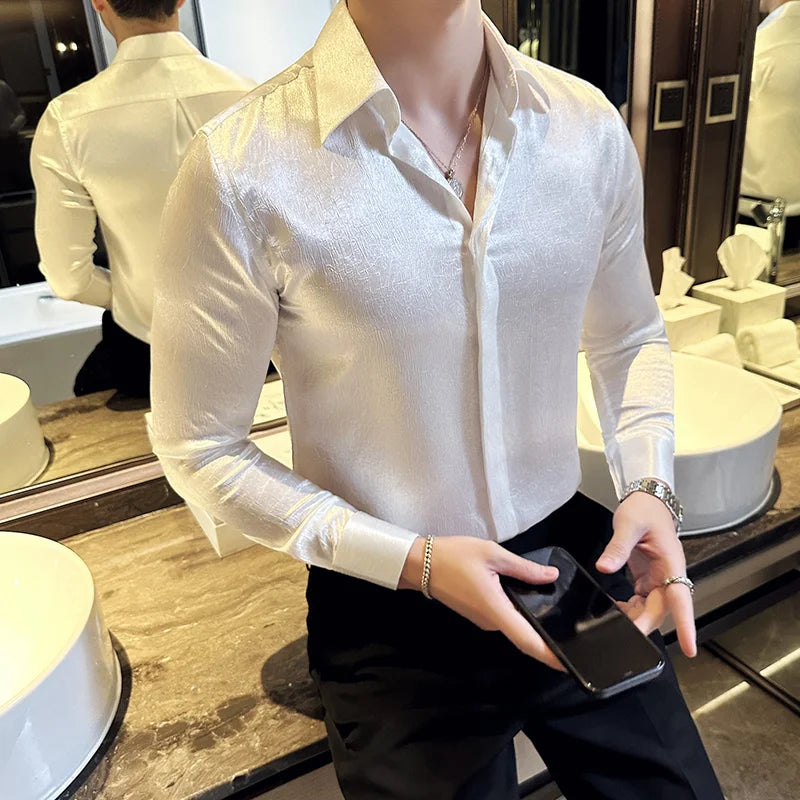 UNIKCOSA Men’s Glossy Luxury Shirt – Slim Fit Anti-Wrinkle Long Sleeve Tuxedo Style