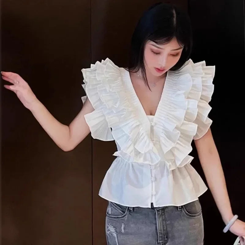 UNIKCOSA’s 2025 Ruffle V-Neck Blouse — Cascading Hem Summer Chic Top