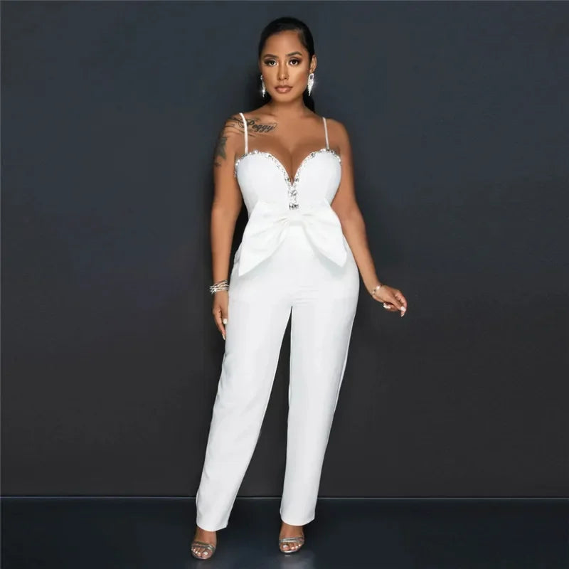 UNIKCOSA’s Glam Rhinestone Bow Jumpsuit — Spaghetti Strap, Deep V-Neck, Straight-Leg Party Elegance