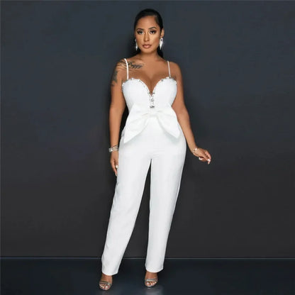 UNIKCOSA’s Glam Rhinestone Bow Jumpsuit — Spaghetti Strap, Deep V-Neck, Straight-Leg Party Elegance