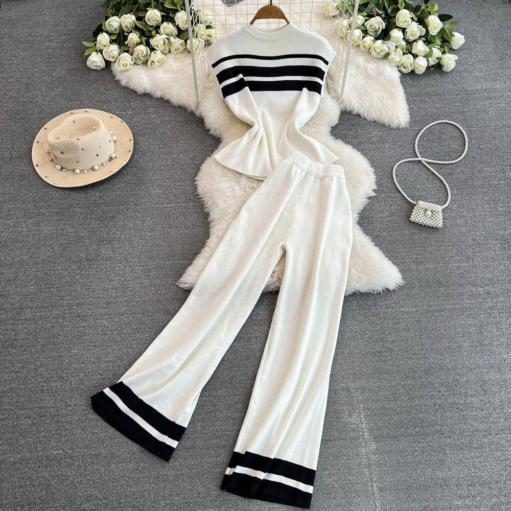UNIKCOSA Women’s Knit Set – Sleeveless Slim White Top & Casual Straight Pants Two-Piece (Summer Chic Edition)