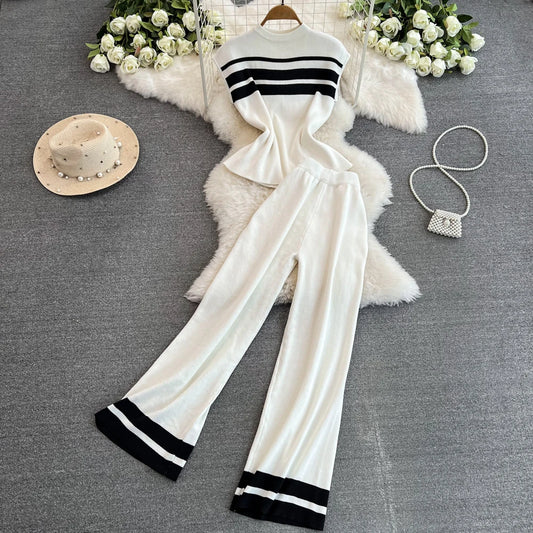 UNIKCOSA Women’s Knit Set – Sleeveless Slim White Top & Casual Straight Pants Two-Piece (Summer Chic Edition)