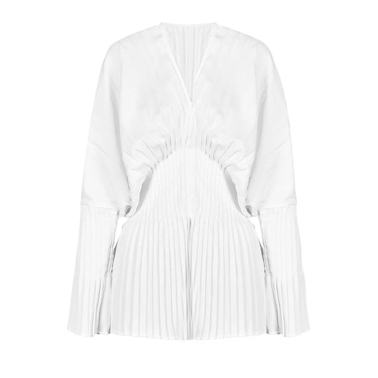UNIKCOSA Women’s Elegant V-Neck Top – Autumn Slim Fit Waist-Tie Blouse with Pleated Flare Sleeves (High-Waist Edition)