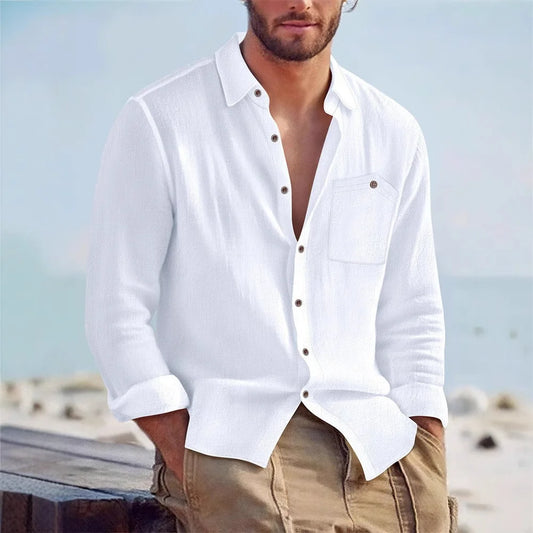 UNIKCOSA Men’s Linen-Look Beach Shirt – Lightweight Long Sleeve Button-Up Resort Wear (S–3XL Summer Edition)