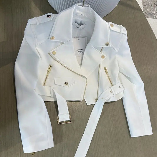 UNIKCOSA’s 2025 White Moto Jacket — Notched Collar Slim-Fit Y2K Coat