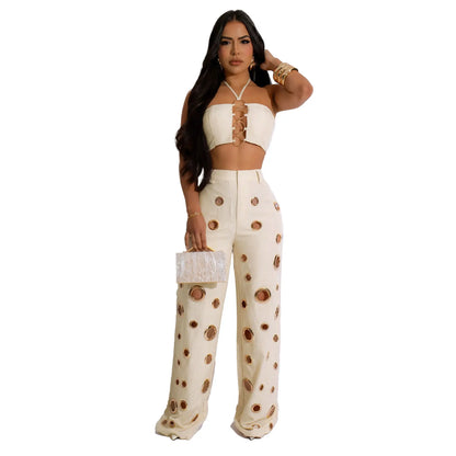 UNIKCOSA Women’s Leopard Print 2-Piece Set – Halter Hollow Tank Top & Ring Detail Knee Shorts (Streetwear Chic 2025 Edition)
