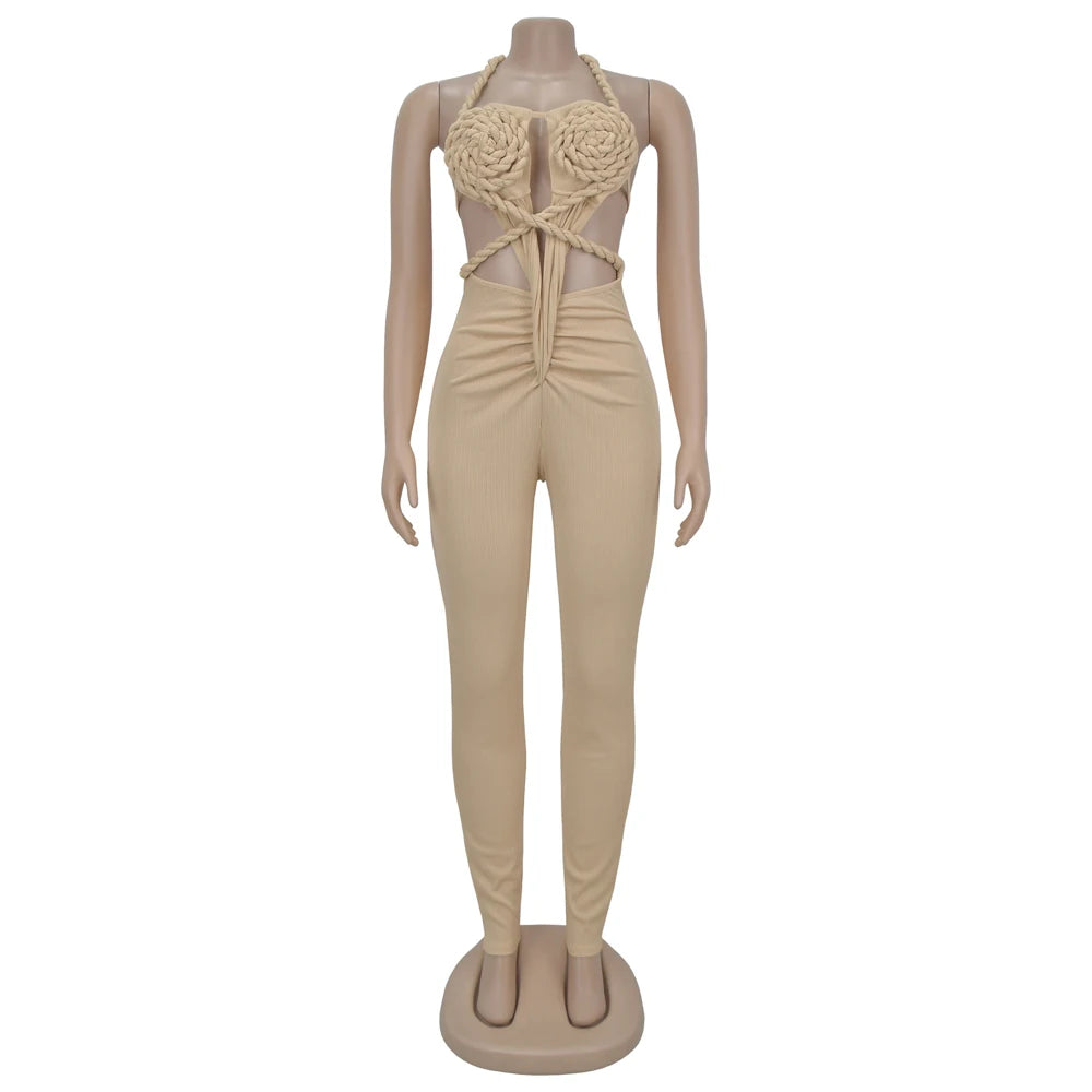 UNIKCOSA’s 2025 Ribbed Halter Jumpsuit — Sexy Backless Ruched One-Piece Clubwear
