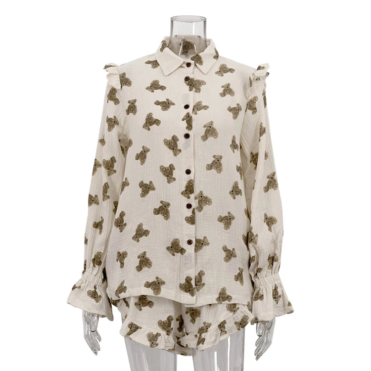UNIKCOSA Women’s Ruffled Pajama Set – Crepe Cotton Printed Blouse & Shorts 2-Piece Outfit (Summer/Fall 2025 Edition)