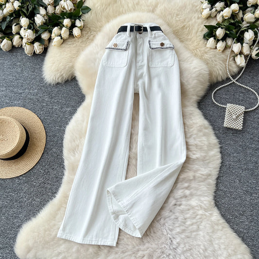 UNIKCOSA Women’s Summer Vintage Jeans – High-Waist Embroidered Long Denim Pants with Sash Belt (Outdoor Chic Edition)