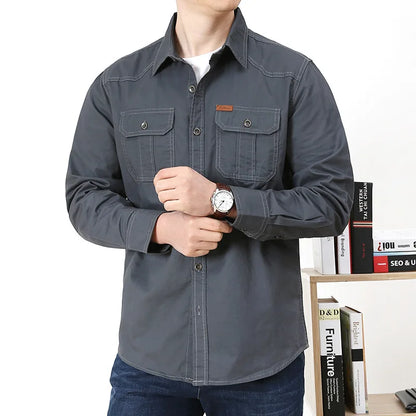 UNIKCOSA Men’s Casual Work Shirt – Loose-Fit Long Sleeve Solid Color Pocket Shirt (Autumn Large-Size Edition)