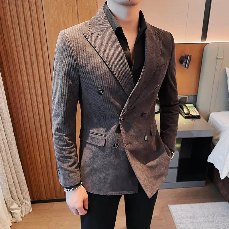 UNIKCOSA Men’s Double-Breasted Corduroy Blazer – Slim Fit Striped Suit Jacket (M–4XL)