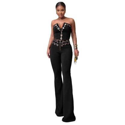 UNIKCOSA™ Sexy 2-Piece Pant Set – V-Neck Strapless Crop Top & High-Waist Slim Fit Pants | Women’s Y2K Streetwear Outfit