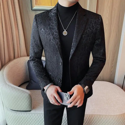 UNIKCOSA Men’s Black Floral Blazer – Slim Fit Single-Breasted Luxury Suit Jacket (Autumn/Winter Edition)