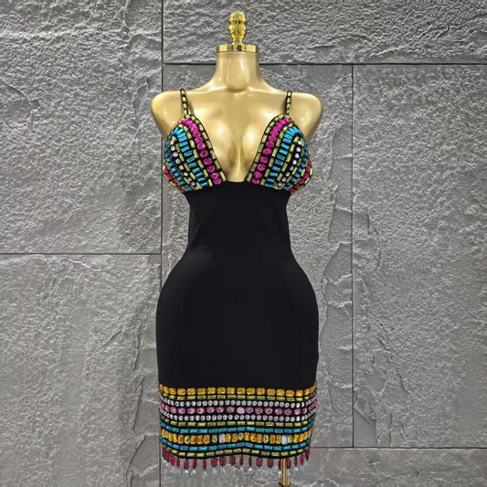 UNIKCOSA’s Crystal V-Neck Mini Dress — Black Bodycon Bandage with Colorful Sparkle