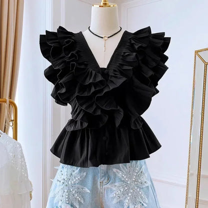 UNIKCOSA’s 2025 Ruffle V-Neck Blouse — Cascading Hem Summer Chic Top