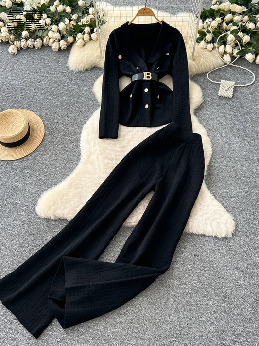 UNIKCOSA’s Winter Knit Power Suit — Notched Collar Top + Wide-Leg Pants 2-Piece Set