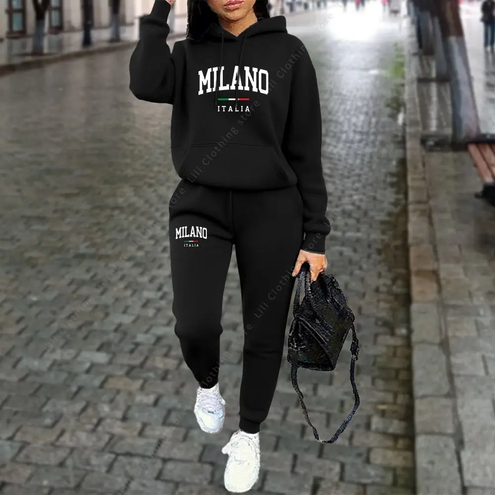 UNIKCOSA’s 2025 Milano Tracksuit — Letter Print Hoodie + Jogger Pants Set