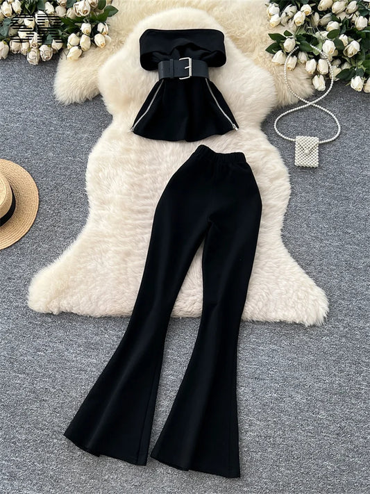 UNIKCOSA’s High Street 2-Piece Set — Off-Shoulder Zip Top + Belted Pants