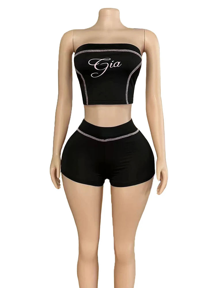 UNIKCOSA’s Bold Letter Print 2-Piece Set — Strapless Tube Top + Stretch Shorts