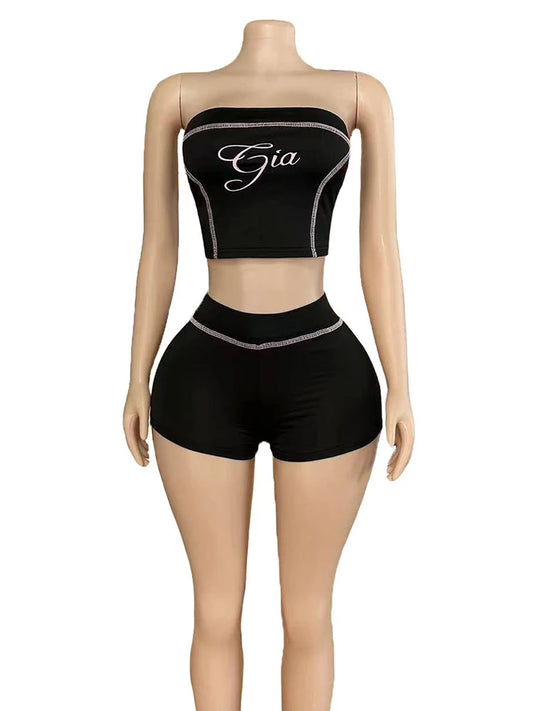 UNIKCOSA’s Bold Letter Print 2-Piece Set — Strapless Tube Top + Stretch Shorts