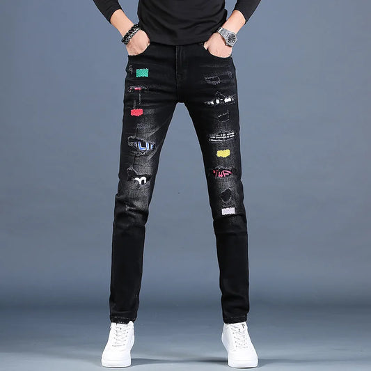 UNIKCOSA Men’s Ripped Embroidered Jeans – Slim Fit Black Patchwork Denim Casual Pants (Summer Thin Edition)