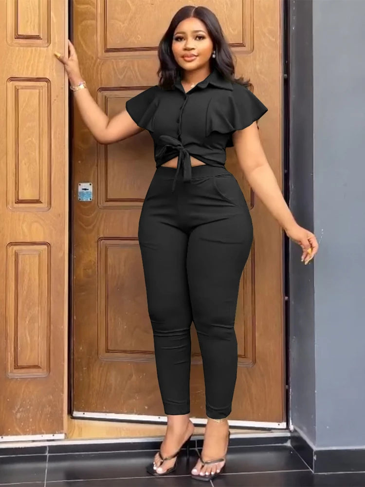 UNIKCOSA™ Y2K Streetwear 2-Piece Pant Set – Short Sleeve Top Coat & High-Waist Long Pants | Women’s Sportswear Matching Outfit