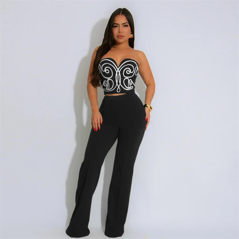 UNIKCOSA’s 2025 Strapless 2-Piece Party Set — 3D Print Crop Top + High-Waist Straight Pants