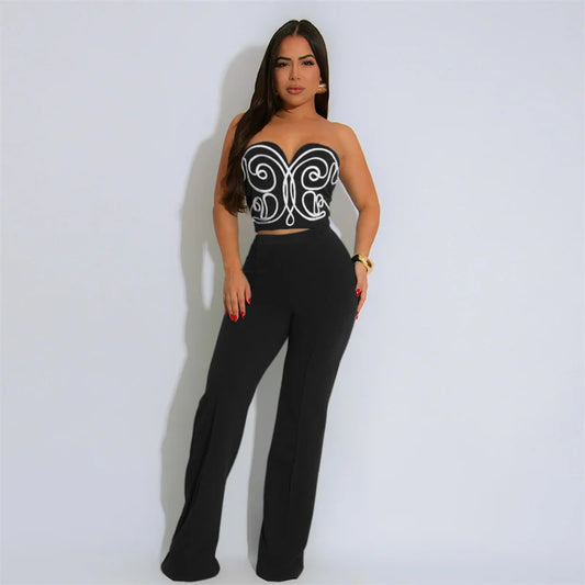 UNIKCOSA’s 2025 Strapless 2-Piece Party Set — 3D Print Crop Top + High-Waist Straight Pants