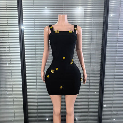 UNIKCOSA’s Golden Sequin Square Collar Mini Dress — Sleeveless Bodycon Bandage Party Glam