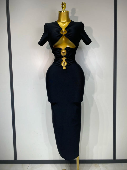 UNIKCOSA’s 2025 Black Cut-Out Gown — Short Sleeve Bodycon Bandage Long Dress