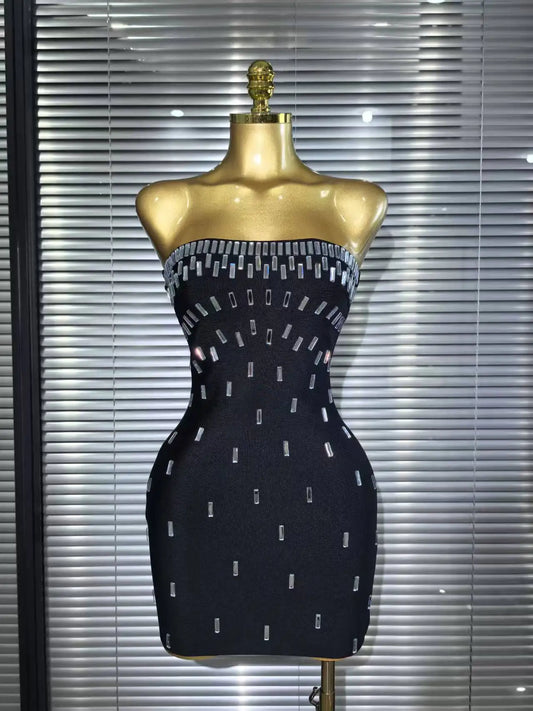 UNIKCOSA’s Crystal Strapless Bodycon Mini Dress — Shimmering Black Bandage Party Elegance