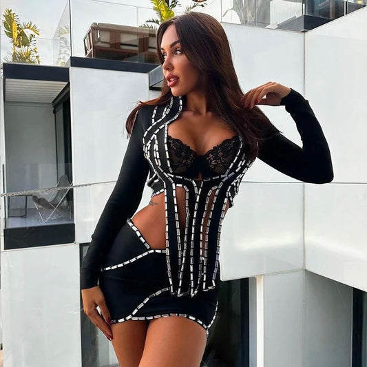 UNIKCOSA’s Crystal 2-Piece Bandage Set — Long Sleeve Crop Top + Bodycon Mini Skirt Party Outfit